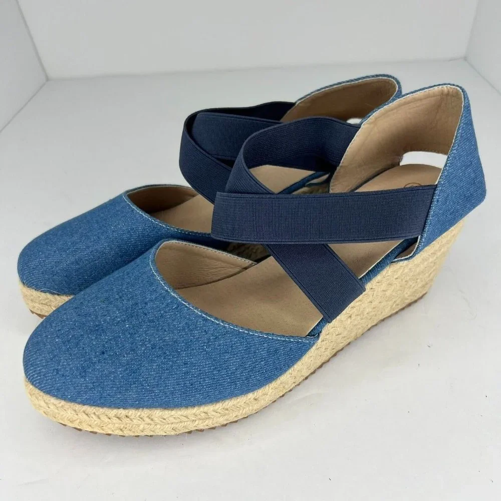 Womens Blue Beige Comfort Shoes Slip On Wedge Heel Espadrilles EU Size 41